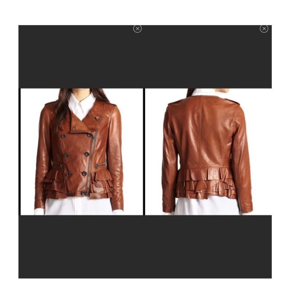 3.1 Phillip Lim Lambskin soft Leather Ruffled Cognac Zip Up Jacket silk lining 4
